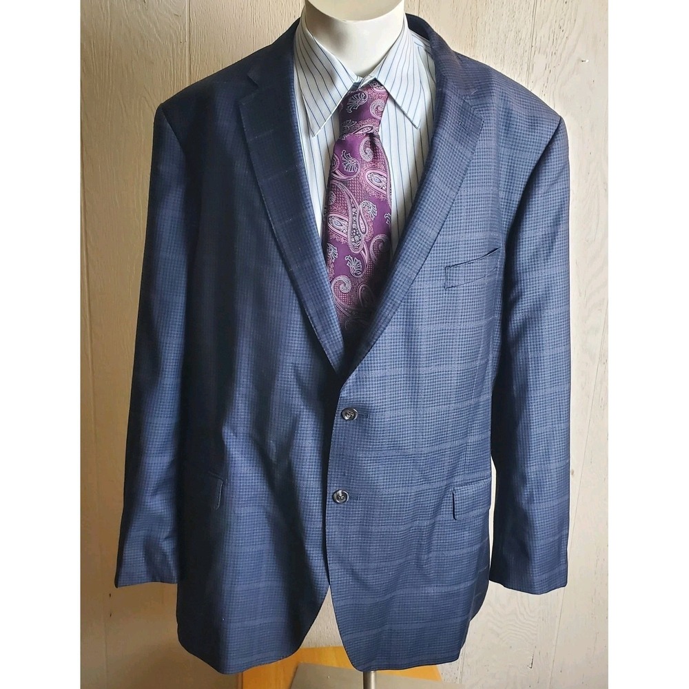 Bruno Magli Sport Coat Mens 50 R Blue Gingham Wool Fairway Jacket By Marlane